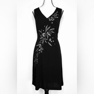 Vintage Adrianna Papell Y2K Sleeveless Cocktail Dress Silver Floral Embroidery‎